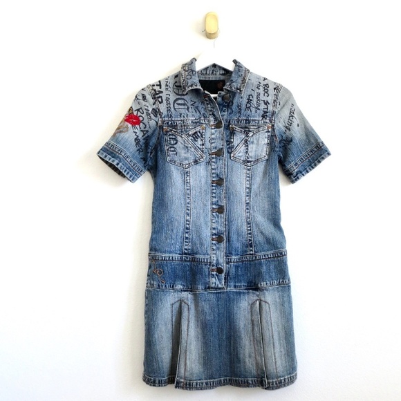 Vintage Y2K Rocawear Denim Jean Mini Dress Button Front Blue SZ M - Picture 1 of 6